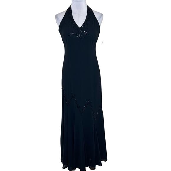 XSCAPE by Joanna Chen Evening Gown Dress 4 Black Beaded Sequin Formal Maxi New - Picture 1 of 11
